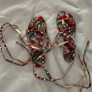 Miss Lola Red Floral Lace-Up Sandals